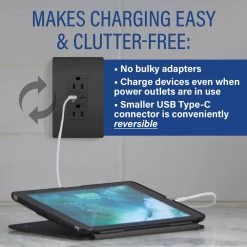 Radiant 15 Amp 125-Volt Tamper-Resistant Duplex Outlet with Ultra-Fast 6A PLUS 30W Power Delivery USB C/C, Black by Legrand -Legrand Sales black legrand electrical outlets receptacles r26usbpdbk 1f 1000