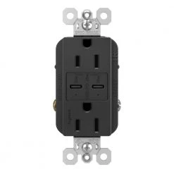 Radiant 15 Amp 125-Volt Tamper-Resistant Duplex Outlet with Ultra-Fast 6A PLUS 30W Power Delivery USB C/C, Black by Legrand