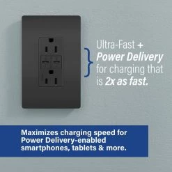 Radiant 15 Amp 125-Volt Tamper-Resistant Duplex Outlet with Ultra-Fast 6A PLUS 30W Power Delivery USB C/C, Black by Legrand -Legrand Sales black legrand electrical outlets receptacles r26usbpdbk c3 1000