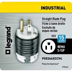 Pass & Seymour Extra-Hard Use 15 Amp 125-Volt NEMA 5-15P Straight Blade Plug by Legrand -Legrand Sales black white legrand electrical plugs connectors ps5266xccv4 fa 1000