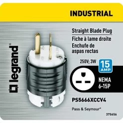 Pass & Seymour Extra-Hard Use 15 Amp 250-Volt NEMA 6-15P Straight Blade Plug by Legrand -Legrand Sales black white legrand electrical plugs connectors ps5666xccv4 c3 1000