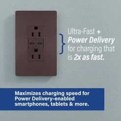 Radiant 15 Amp 125-Volt Tamper-Resistant Duplex Outlet with Ultra-Fast 6A PLUS 30W Power Delivery USB C/C, Dark Bronze by Legrand -Legrand Sales dark bronze legrand electrical outlets receptacles r26usbpddbcc6 c3 1000