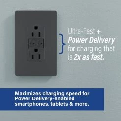 Radiant 15 Amp 125-Volt Tamper-Resistant Duplex Outlet with Ultra-Fast 6A PLUS 30W Power Delivery USB C/C, Graphite by Legrand -Legrand Sales graphite legrand electrical outlets receptacles r26usbpdgcc6 c3 1000