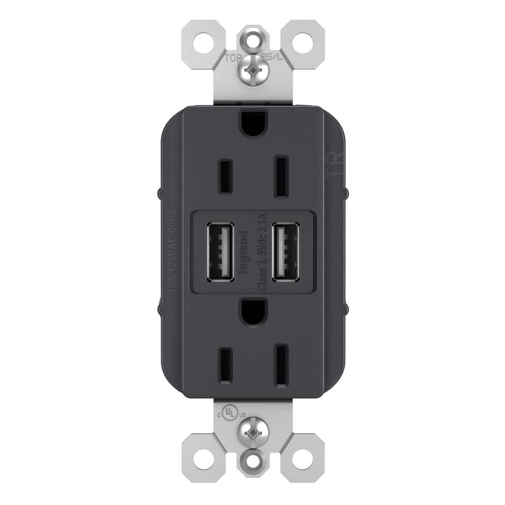 Radiant 15 Amp 125 Volt Duplex Outlet with 3.1 Amp USB, Graphite by Legrand 3 Radiant 15 Amp 125 Volt Duplex Outlet with 3.1 Amp USB, Graphite by Legrand