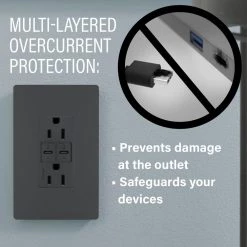 Radiant 20 Amp 125-Volt Tamper-Resistant Duplex Outlet with Ultra-Fast PLUS Power Delivery USB C/C, Graphite by Legrand -Legrand Sales graphite legrand electrical outlets receptacles tr20usbpdg fa 1000