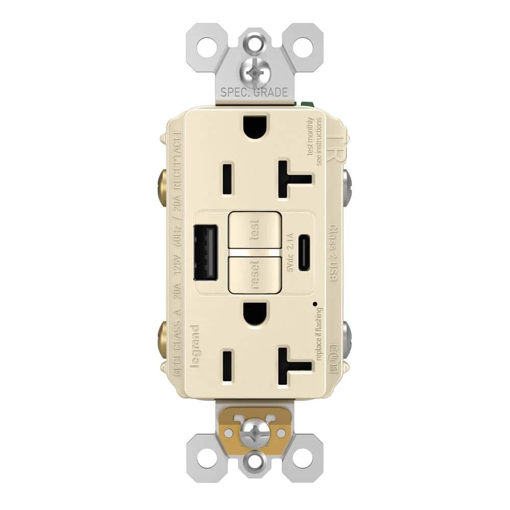Radiant 20 Amp 125-Volt Tamper Resistant Self-Test GFCI Duplex Outlet with Type A/C USB, Light Almond by Legrand 3 Radiant 20 Amp 125-Volt Tamper Resistant Self-Test GFCI Duplex Outlet with Type A/C USB, Light Almond by Legrand