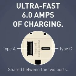 Radiant 15 Amp 125-Volt Decorator Duplex Outlet with 6.0 Amp Type A/C USB, Light Almond by Legrand -Legrand Sales light almond legrand electrical outlets receptacles r26usbac6laccv4 4f 1000