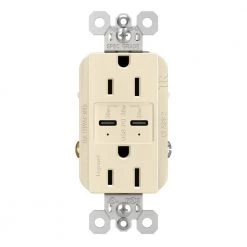 Radiant 15 Amp 125-Volt Tamper-Resistant Duplex Outlet with Ultra-Fast 6A PLUS 30W Power Delivery USB C/C, Light Almond by Legrand