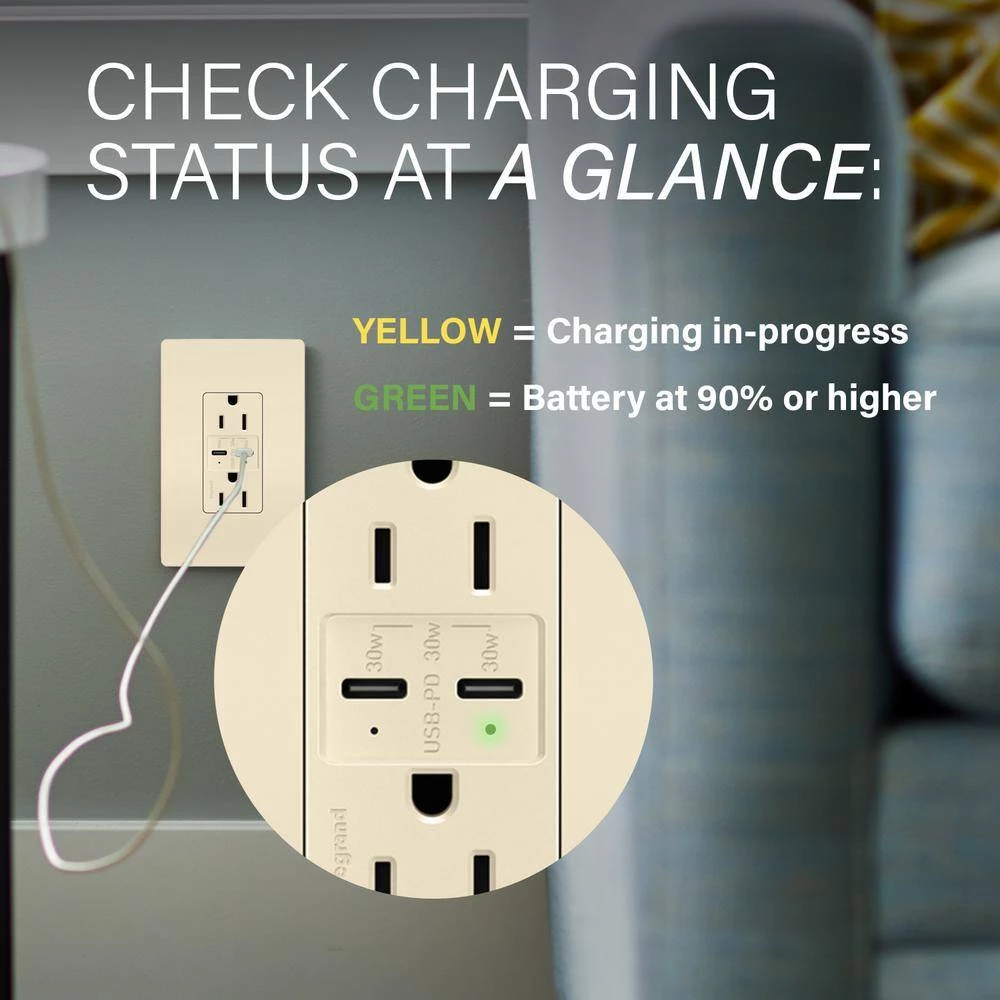 Radiant 20 Amp 125-Volt Tamper-Resistant Duplex Outlet with Ultra-Fast PLUS Power Delivery USB C/C, Light Almond by Legrand 7 Radiant 20 Amp 125-Volt Tamper-Resistant Duplex Outlet with Ultra-Fast PLUS Power Delivery USB C/C, Light Almond by Legrand - Image 5