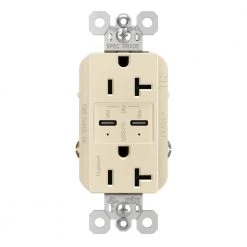 Radiant 20 Amp 125-Volt Tamper-Resistant Duplex Outlet with Ultra-Fast PLUS Power Delivery USB C/C, Light Almond by Legrand