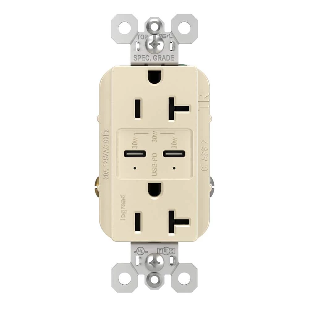 Radiant 20 Amp 125-Volt Tamper-Resistant Duplex Outlet with Ultra-Fast PLUS Power Delivery USB C/C, Light Almond by Legrand 3 Radiant 20 Amp 125-Volt Tamper-Resistant Duplex Outlet with Ultra-Fast PLUS Power Delivery USB C/C, Light Almond by Legrand
