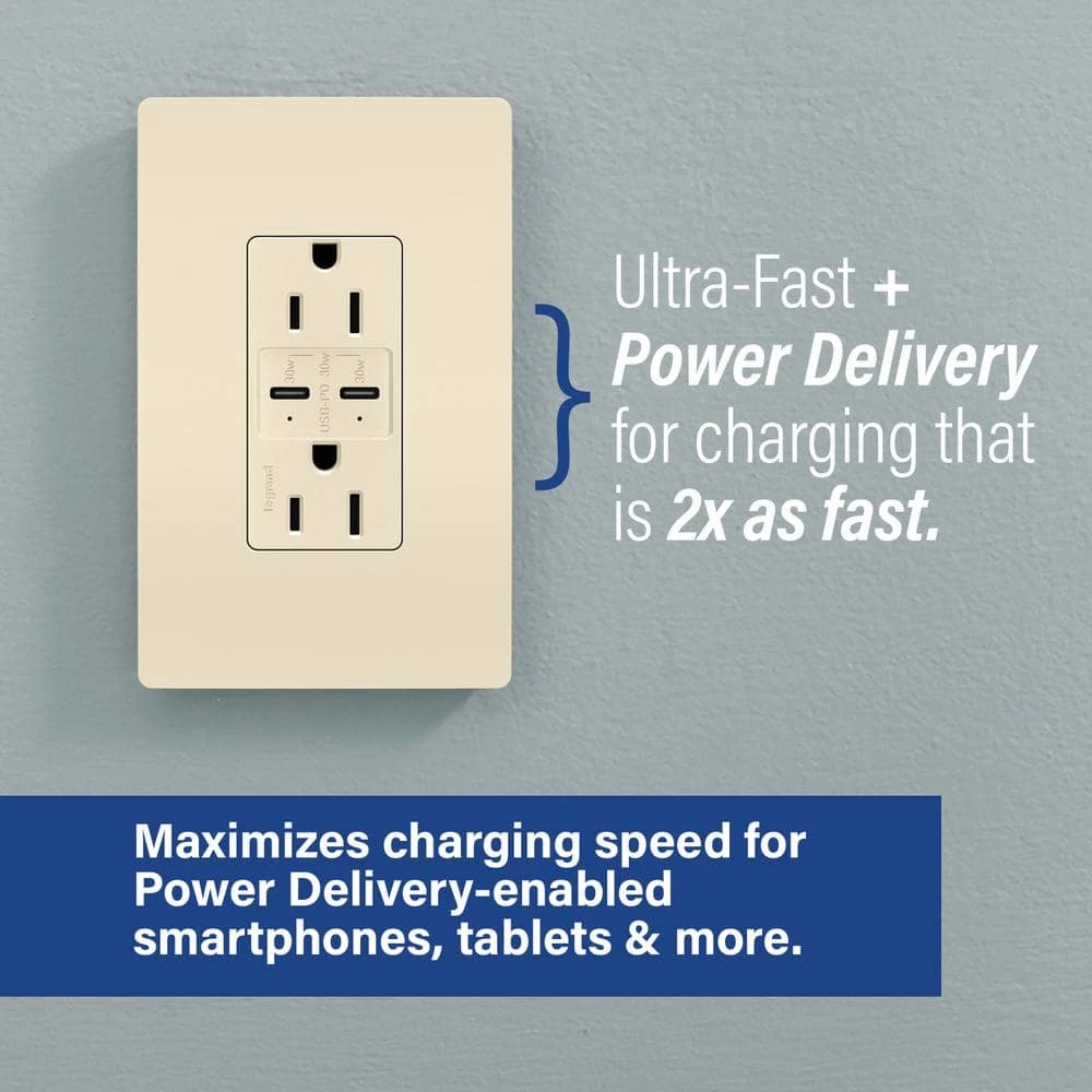 Radiant 20 Amp 125-Volt Tamper-Resistant Duplex Outlet with Ultra-Fast PLUS Power Delivery USB C/C, Light Almond by Legrand 6 Radiant 20 Amp 125-Volt Tamper-Resistant Duplex Outlet with Ultra-Fast PLUS Power Delivery USB C/C, Light Almond by Legrand - Image 4