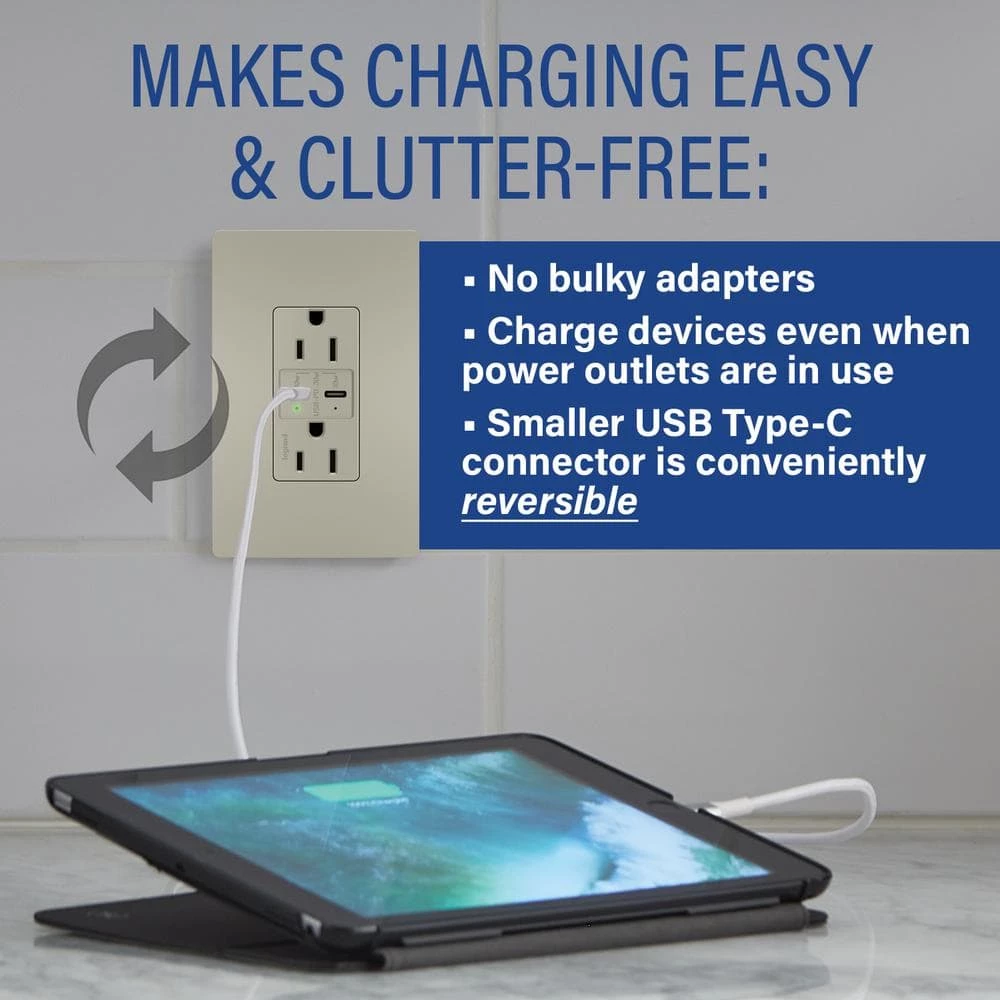 Radiant 15 Amp 125-Volt Tamper-Resistant Duplex Outlet with Ultra-Fast 6A PLUS 30W Power Delivery USB C/C, Nickel by Legrand 8 Radiant 15 Amp 125-Volt Tamper-Resistant Duplex Outlet with Ultra-Fast 6A PLUS 30W Power Delivery USB C/C, Nickel by Legrand - Image 6