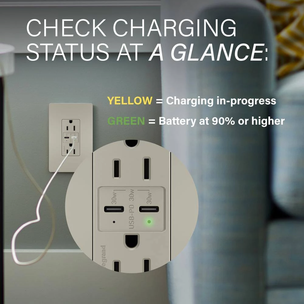 Radiant 15 Amp 125-Volt Tamper-Resistant Duplex Outlet with Ultra-Fast 6A PLUS 30W Power Delivery USB C/C, Nickel by Legrand 7 Radiant 15 Amp 125-Volt Tamper-Resistant Duplex Outlet with Ultra-Fast 6A PLUS 30W Power Delivery USB C/C, Nickel by Legrand - Image 5