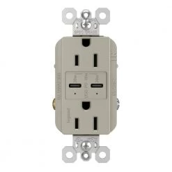 Radiant 15 Amp 125-Volt Tamper-Resistant Duplex Outlet with Ultra-Fast 6A PLUS 30W Power Delivery USB C/C, Nickel by Legrand
