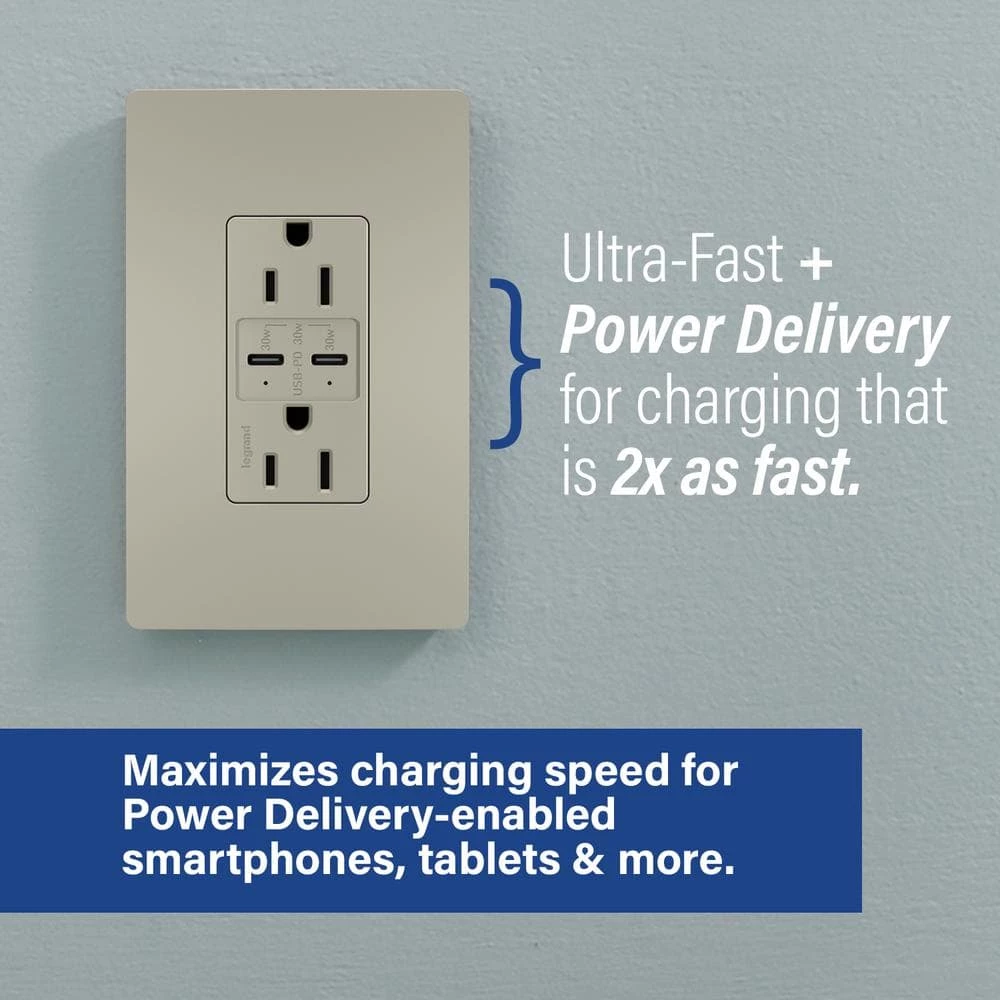 Radiant 15 Amp 125-Volt Tamper-Resistant Duplex Outlet with Ultra-Fast 6A PLUS 30W Power Delivery USB C/C, Nickel by Legrand 6 Radiant 15 Amp 125-Volt Tamper-Resistant Duplex Outlet with Ultra-Fast 6A PLUS 30W Power Delivery USB C/C, Nickel by Legrand - Image 4