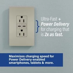 Radiant 20 Amp 125-Volt Tamper-Resistant Duplex Outlet with Ultra-Fast PLUS Power Delivery USB C/C, Nickel by Legrand -Legrand Sales nickel legrand electrical outlets receptacles tr20usbpdni c3 1000