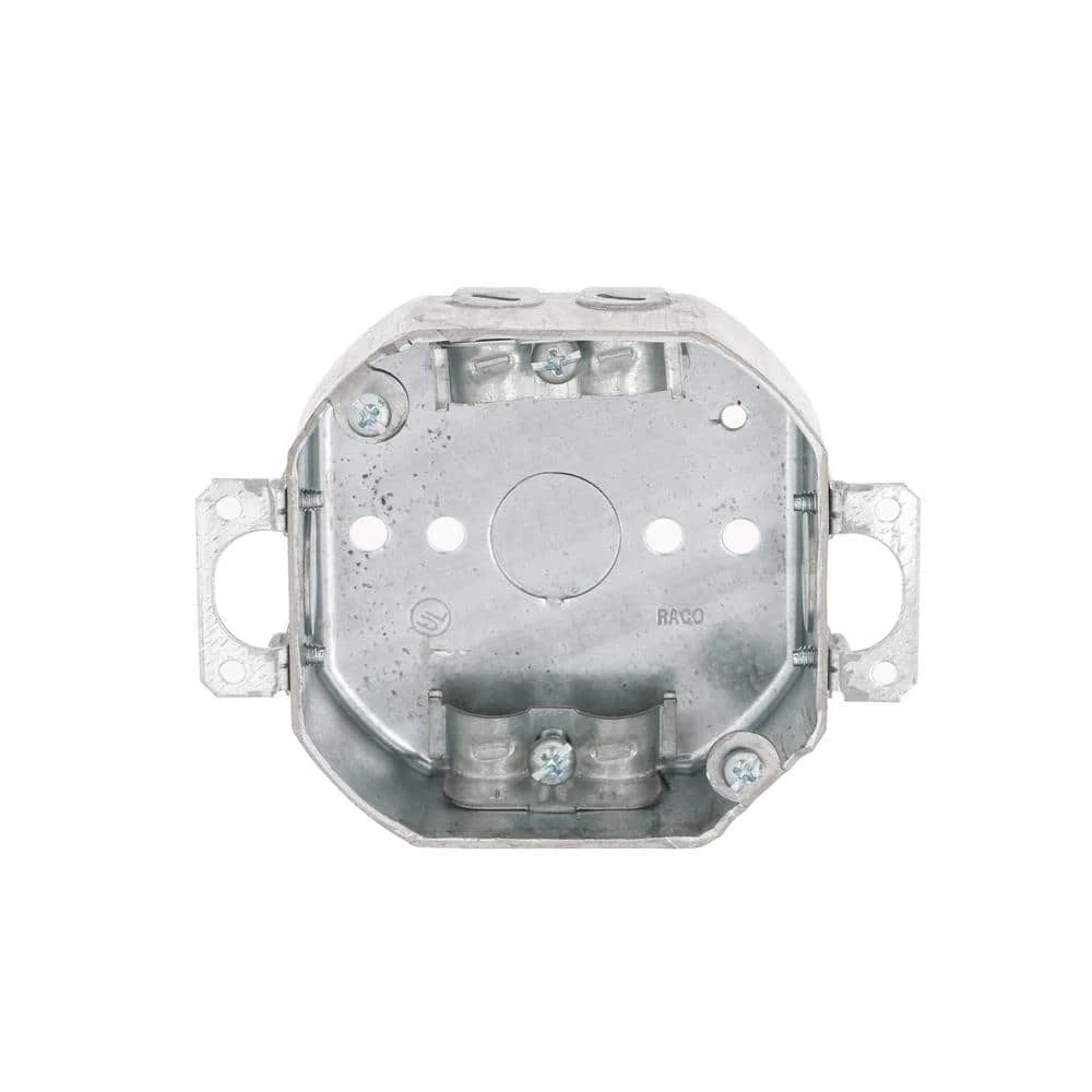 4 in. W x 1-1/2 in. D Steel Metallic Drawn Octagon Box with Three 1/2 in. KO's and NMSC Clamps, Plaster Ears, 1-Pack by RACO 3 4 in. W x 1-1/2 in. D Steel Metallic Drawn Octagon Box with Three 1/2 in. KO's and NMSC Clamps, Plaster Ears, 1-Pack by RACO