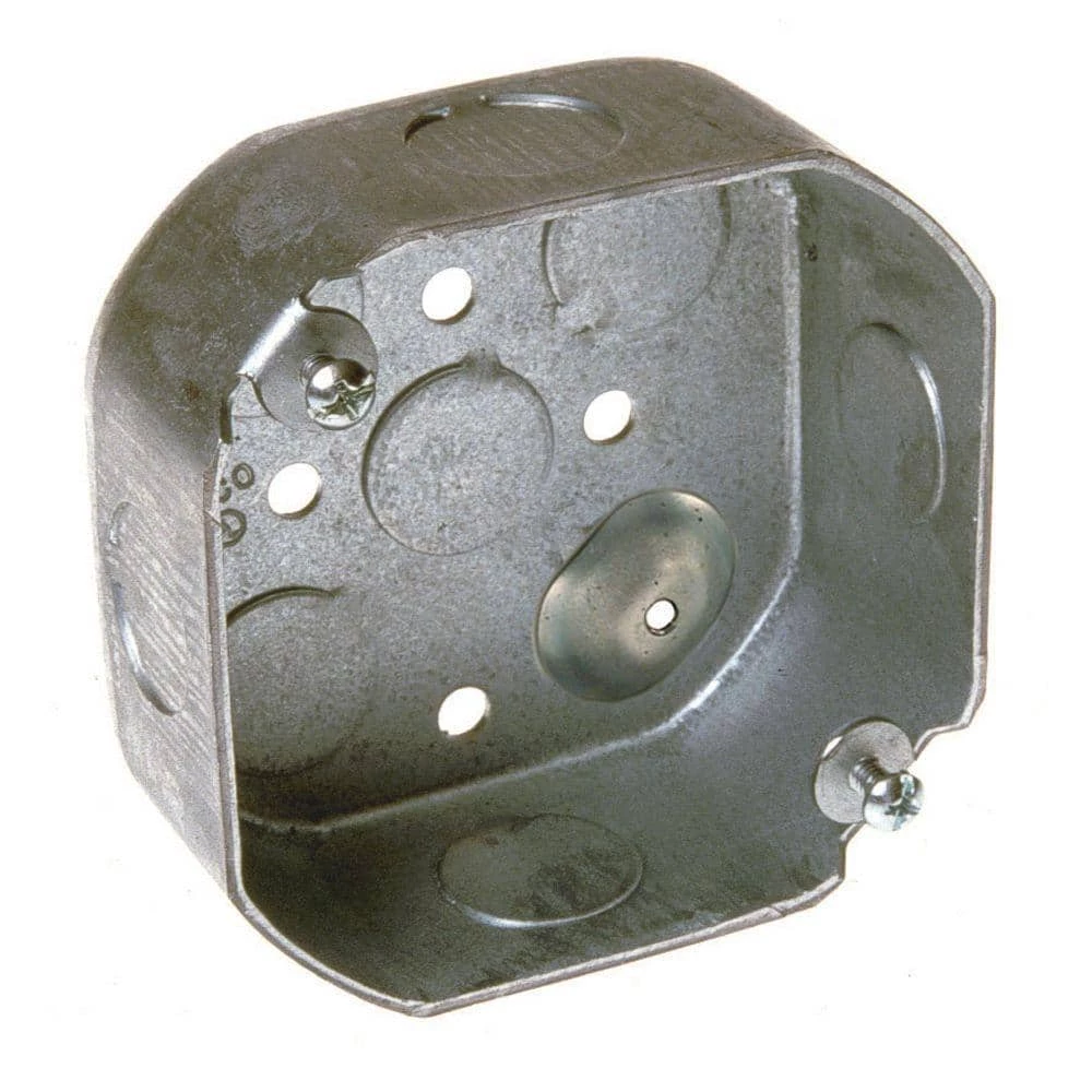 4 in. W x 1-1/2 in. D Steel Metallic Drawn Octagon Box with Eight 1/2 in. KO's and Raised Ground, 1-Pack by RACO 3 4 in. W x 1-1/2 in. D Steel Metallic Drawn Octagon Box with Eight 1/2 in. KO's and Raised Ground, 1-Pack by RACO