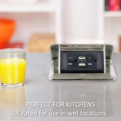 DeQuorum Pop Up Countertop Box with 15 Amp USB Charging Tamper Resistant Receptacle and 6 ft. Cord, Stainless Steel by Legrand -Legrand Sales stainless steel legrand power strips dqfp15ust 4f 1000