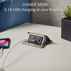 DeQuorum Pop Up Countertop Box with 15 Amp USB Charging Tamper Resistant Receptacle and 6 ft. Cord, Stainless Steel by Legrand -Legrand Sales stainless steel legrand power strips dqfp15ust 76 1000