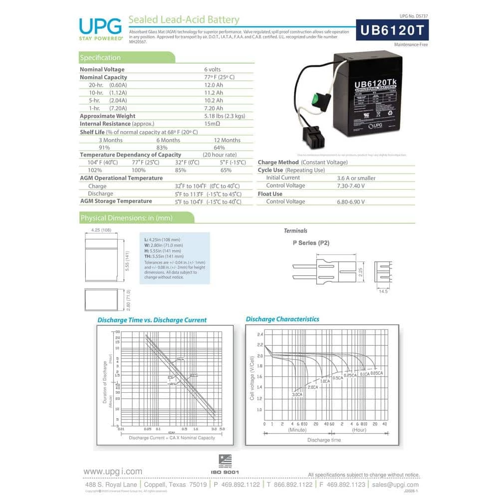 6-Volt 12 Ah Wire Lead With P2 Terminal Sealed Lead Acid (SLA) AGM Rechargeable Battery by UPG 4 6-Volt 12 Ah Wire Lead With P2 Terminal Sealed Lead Acid (SLA) AGM Rechargeable Battery by UPG - Image 2