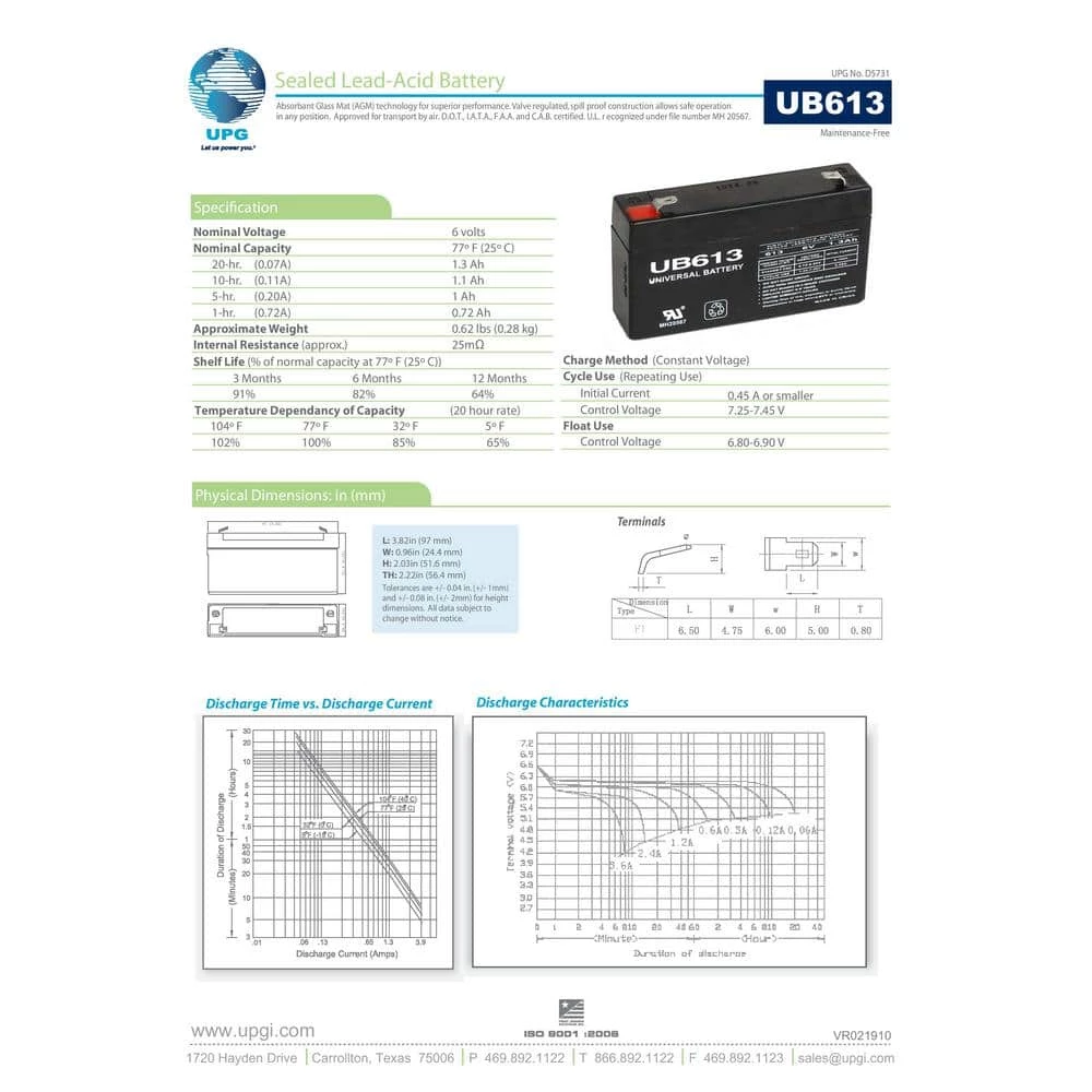 6-Volt 1.3 Ah F1 Terminal Sealed Lead Acid (SLA) AGM Rechargeable Battery by UPG 4 6-Volt 1.3 Ah F1 Terminal Sealed Lead Acid (SLA) AGM Rechargeable Battery by UPG - Image 2
