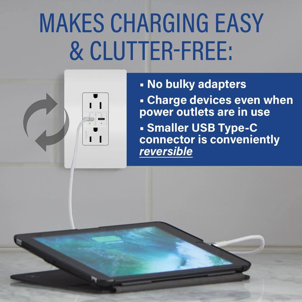Radiant 15 Amp 125-Volt Tamper-Resistant Duplex Outlet with Ultra-Fast 6A PLUS 30W Power Delivery USB C/C, White by Legrand 8 Radiant 15 Amp 125-Volt Tamper-Resistant Duplex Outlet with Ultra-Fast 6A PLUS 30W Power Delivery USB C/C, White by Legrand - Image 6