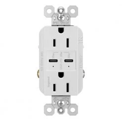 Radiant 15 Amp 125-Volt Tamper-Resistant Duplex Outlet with Ultra-Fast 6A PLUS 30W Power Delivery USB C/C, White by Legrand