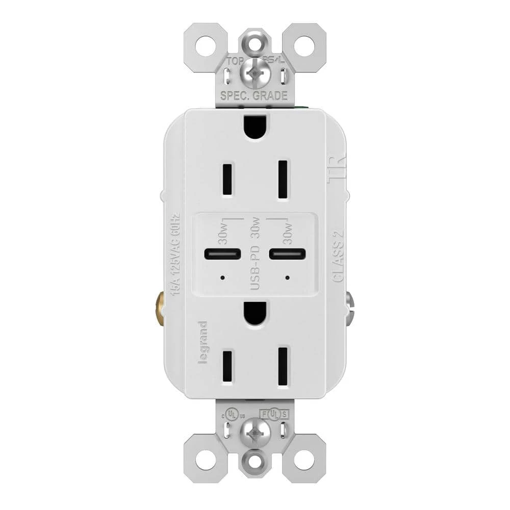 Radiant 15 Amp 125-Volt Tamper-Resistant Duplex Outlet with Ultra-Fast 6A PLUS 30W Power Delivery USB C/C, White by Legrand 3 Radiant 15 Amp 125-Volt Tamper-Resistant Duplex Outlet with Ultra-Fast 6A PLUS 30W Power Delivery USB C/C, White by Legrand