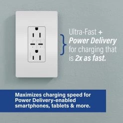 Radiant 20 Amp 125-Volt Tamper-Resistant Duplex Outlet with Ultra-Fast PLUS Power Delivery USB C/C, White by Legrand -Legrand Sales white legrand electrical outlets receptacles tr20usbpdw c3 1000
