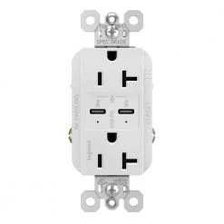 Radiant 20 Amp 125-Volt Tamper-Resistant Duplex Outlet with Ultra-Fast 6A PLUS 30W Power Delivery USB C/C, White by Legrand