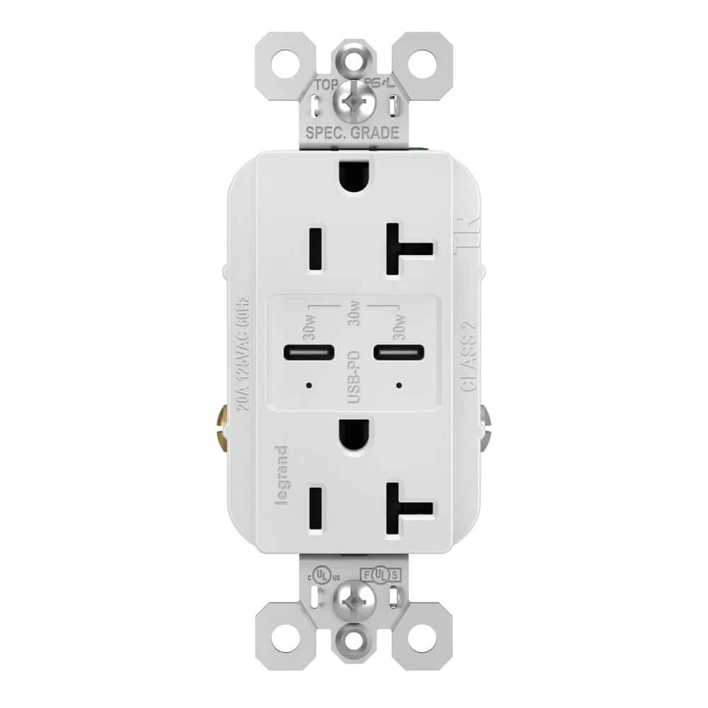 Radiant 20 Amp 125-Volt Tamper-Resistant Duplex Outlet with Ultra-Fast 6A PLUS 30W Power Delivery USB C/C, White by Legrand 3 Radiant 20 Amp 125-Volt Tamper-Resistant Duplex Outlet with Ultra-Fast 6A PLUS 30W Power Delivery USB C/C, White by Legrand