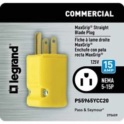 Pass & Seymour MaxGrip M3 15 Amp 125-Volt NEMA 5-15P Straight Blade Plug, Yellow by Legrand -Legrand Sales yellow legrand electrical plugs connectors ps5965ycc20 44 1000